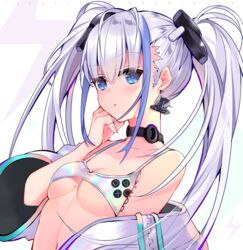  bare_shoulders bikini bikini_top_only blue_eyes breasts choker cleavage collarbone earrings female game_console grey_jacket hair_ornament hand_up highres jacket jewelry long_hair looking_at_viewer mole mole_on_breast multicolored_hair nail_polish navel off_shoulder open_clothes open_jacket original parted_lips personification playstation_5 playstation_logo sidelocks small_breasts solo sony stomach streaked_hair swimsuit twintails upper_body usagihime white_background white_hair wide_sleeves 