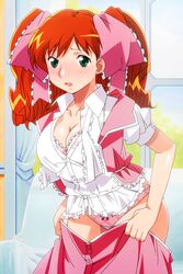  asahina_yurina blush breasts cleavage clothes_pull cowboy_shot female green_eyes hair_ribbon large_breasts long_hair non-web_source official_art open_mouth orange_hair panties partially_unbuttoned photoshop_(medium) pink_panties plaid plaid_panties ribbon short_sleeves skirt skirt_pull solo super_real_mahjong tanaka_ryou underwear window 