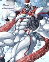  abs biceps blue_eyes christmas christmas_clothing christmas_headwear clothing duel_monster elemental_hero_neos guzu_kuo hat headgear headwear holidays humanoid konami male muscular muscular_humanoid muscular_male muscular_thighs not_furry nude pecs sack santa_hat scarf snowflake solo white_body yu-gi-oh! 