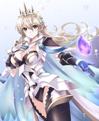  armor black_panties breasts brooch cape cleavage corrin_(female)_(fire_emblem) corrin_(female)_(silent_bloodline)_(fire_emblem) corrin_(fire_emblem) crown dragonstone female fire_emblem fire_emblem_fates fire_emblem_heroes gauntlets highres jewelry kakiko210 lace_thighhighs large_breasts long_hair looking_at_viewer official_alternate_costume panties pointy_ears red_eyes smile solo sparkle thighs underwear white_cape 