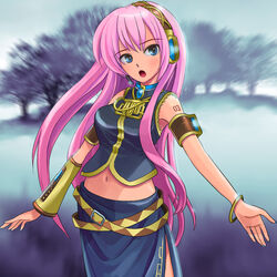  aqua_nails blue_eyes crop_top female long_hair megurine_luka music navel number_tattoo pink_hair ren-chan shoulder_tattoo singing solo tattoo vocaloid wander_last_(vocaloid) 