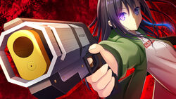  apex_legends b3_wingman black_hair commentary_request female green_jacket gun hair_between_eyes highres holding holding_gun holding_weapon ichinose_uruha ichinose_uruha_(2nd_costume) iwamoto_sora jacket long_hair looking_at_viewer lupinus_virtual_games open_clothes open_jacket outstretched_arm pose purple_eyes red_background shadow shirt sidelocks solo virtual_youtuber vspo! weapon white_shirt 