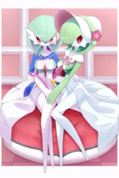  2girls arm_around_waist artist_name blue_jacket bob_cut bonnet border breasts capelet closed_mouth clothed_pokemon collarbone colored_skin commentary_request crossed_legs cushion elbow_gloves flower full_body gardevoir gardevoir_(fashionable) gardevoir_(sacred) gloves green_hair green_skin hair_between_eyes hair_over_one_eye hand_on_another&#039;s_hand happy hat hat_flower highres indoors jacket knees_together_feet_apart looking_at_viewer medium_breasts monocle multicolored_skin multiple_girls neichii one_eye_covered open_clothes open_jacket open_mouth outside_border pink_flower pink_trim pokemon pokemon_(creature) pokemon_unite red_eyes see-through short_hair signature sitting smile split_mouth two-tone_skin white_border white_capelet white_gloves white_headwear white_skin yellow-framed_eyewear yuri 