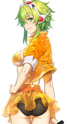  ass belt bikini black_bikini_bottom black_panties blush bra breasts commentary cowboy_shot cropped_jacket female from_behind goggles goggles_on_head green_eyes green_hair grin gumi gumi_(v3_megpoid) hair_between_eyes hand_on_own_hip headphones highres holding holding_microphone jacket looking_at_viewer looking_back medium_breasts medium_hair microphone mikumikudance miniskirt mismatched_bikini mismatched_underwear open_clothes open_jacket orange_bikini orange_bra orange_jacket orange_skirt panties pleated_skirt prime_(prime_tw) see-through see-through_jacket see-through_skirt skirt smile solo swimsuit thigh_gap thighs underboob underwear upskirt vocaloid 