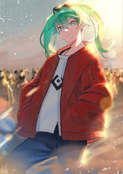  6+others absurdres ambiguous_gender animal_ears aqua_eyes backlighting blurry blurry_background brown_coat clear_sky closed_mouth coat commentary crowd day denim diffraction_spikes dust dust_cloud earrings eyewear_on_head female flat_chest front_slit green_hair green_sky hair_between_eyes hands_in_pockets hatsune_miku highres hood hood_up hooded_coat horns jacket jeans jewelry lens_flare light_particles light_rays looking_at_viewer mask multicolored_eyes multiple_others open_clothes open_jacket outdoors pants pink_eyes red_jacket serious shirt sky solo_focus suna_no_wakusei_(vocaloid) sunglasses tokishima_sikuka twintails vocaloid white_shirt yellow_eyes 