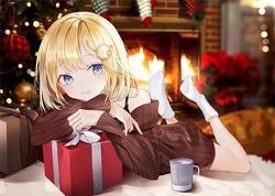  alternate_costume bad_id bad_twitter_id black_bra blonde_hair blue_eyes blurry blurry_background blush bob_cut box bra brown_sweater casual christmas christmas_tree closed_mouth commentary cup english_commentary female fire fireplace full_body gift gift_box hair_ornament hololive hololive_english looking_at_viewer lying nabi_(uz02) off-shoulder_sweater off_shoulder on_stomach photo_background ribbed_sweater short_hair smile socks solo sweater underwear virtual_youtuber watson_amelia white_footwear 