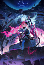  absurdres asymmetrical_legwear bare_shoulders black_gloves blue_eyes blue_legwear closed_mouth constellation female full_body gemini_(constellation) gloves hair_between_eyes highres hologram honkai_(series) honkai_impact_3rd kupikuuu liliya_olenyeva long_hair looking_up mismatched_legwear moon nightgown outdoors pink_hair pink_legwear ponytail rozaliya_olenyeva rozaliya_olenyeva_(fervent_tempo) shoes siblings sitting sneakers star_(sky) sword tail twins weapon 