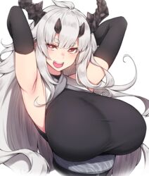  absurdres arknights armpits arms_up black_dress black_gloves blush breasts commentary dress elbow_gloves female gloves grey_hair highres horns huge_breasts long_hair looking_at_viewer matoimaru_(arknights) oni_horns open_mouth red_eyes rikuguma sidelocks simple_background sleeveless smile solo taut_clothes teeth thick_eyebrows topknot upper_body upper_teeth_only white_background 