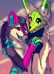  2023 anthro blue_body blue_fur bone canid canine canis digital_drawing_(artwork) digital_media_(artwork) duo female flashw fur hand_holding jaxxx male male/female mammal pink_body pink_fur romantic romantic_couple skull skull_head skulldog_(species) smile sunset wolf yozora 