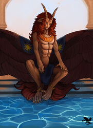  ambiguous_gender classical claws deity demon detailed_background diorionarh feathered_wings feathers fur hi_res horn humanoid inside looking_at_viewer male muscular muscular_male mythology paws relaxing renaissance simple_background smile solo tail tail_motion tailwag unknown_species water wings 