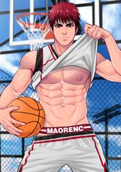  1boy abs ball basketball basketball_(object) basketball_uniform black_eyes briefs closed_mouth clothes_lift cloud day highres holding holding_ball kagami_taiga kuroko_no_basuke looking_at_viewer male_focus male_underwear maorenc navel outdoors red_eyes red_hair short_hair shorts sky solo sportswear toned toned_male underwear 