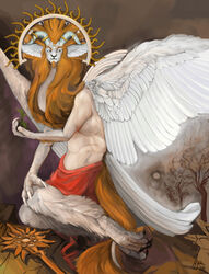  abstract_background ambiguous_gender biceps classical claws deity demon diorionarh feathered_wings feathers fur hi_res horn humanoid looking_at_another male muscular muscular_male mythology paws plant renaissance rock simple_background solo tail tail_motion tailwag tree unknown_species white_body wings 