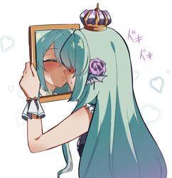  ^_^ bad_id blush closed_eyes commentary crown derivative_work drawfag english_commentary female finana_ryugu fins fish_girl flower green_hair hair_flower hair_ornament head_fins heart highres holding holding_mirror kissing_object long_hair mirror narcissism neck_tattoo nijisanji nijisanji_en purple_flower ranguage solo sweatdrop tattoo virtual_youtuber white_background wrist_cuffs 