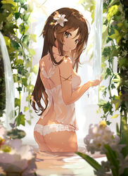  ass babydoll back bad_id bad_twitter_id bare_shoulders blurry blurry_foreground bracelet breasts brown_eyes brown_hair commentary_request cowboy_shot cross cross_bracelet cupping_hands dappled_sunlight depth_of_field female flower from_behind hair_flower hair_ornament hair_over_shoulder halterneck hands_up highres inactive_account jewelry lace lace_panties leaf lily_(flower) lingerie long_hair looking_at_viewer looking_back medium_breasts nature omelet_tomato original own_hands_together panties parted_lips partially_submerged plant shade sidelocks solo sunlight underwear underwear_only vines wading water water_drop waterfall wet white_flower white_lily white_panties 