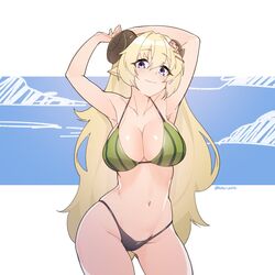  animal_ears armpits bikini blonde_hair blush breasts cleavage commentary curled_horns female flower food_print groin hair_between_eyes hair_flower hair_ornament highres hololive horns large_breasts long_hair looking_at_viewer navel pointy_ears sheep_ears sheep_girl sheep_horns smile solo swimsuit symbol-only_commentary tilt-shift_(azalanz) tsunomaki_watame twitter_username very_long_hair virtual_youtuber watermelon_print white_background 