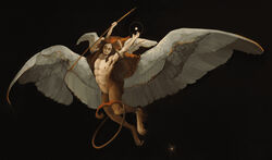  action_pose ambiguous_gender biceps brown_body brown_hair classical claws closed_eyes deity demon diorionarh feathered_wings feathers fur hair horn humanoid male muscular muscular_male mythology nipples pose renaissance simple_background solo stick tail tail_motion tailwag unknown_species wings 