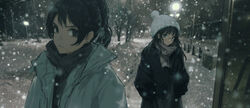  2girls black_hair black_jacket blue_eyes closed_mouth commentary earrings glasses grey_scarf hands_in_pockets hat highres jacket jewelry long_hair long_sleeves looking_at_viewer multiple_girls original outdoors ponytail scarf snow snowing symbol-only_commentary tree wang-xi white_headwear white_jacket winter winter_clothes 