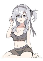  bad_id bad_twitter_id bikini black_bikini breasts cleavage female grey_eyes grey_hair hair_between_eyes highres kantai_collection large_breasts long_hair looking_at_viewer official_alternate_costume one_side_up parted_lips sayuwan simple_background sitting solo suzutsuki_(kancolle) suzutsuki_(swimsuit_mode)_(kancolle) swimsuit white_background 