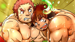  2boys animal_ears bara brown_eyes brown_hair cheek_bulge cow_boy cow_ears cow_horns dark-skinned_male dark_skin doro_rich eye_black facial_hair fiery_horns forked_eyebrows glowing_horns goatee heads_together horns long_sideburns male_focus multiple_boys muscular muscular_male paid_reward_available pectorals short_hair sideburns spiked_hair stubble sweat tamamura_gunzo thick_eyebrows tokyo_afterschool_summoners wakan_tanka wrestling yaoi 