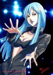  blue_hair bodysuit breasts center_opening cleavage closed_mouth collarbone devil_summoner:_soul_hackers devil_summoner_(series) female gin&#039;oya lipstick long_hair looking_at_viewer makeup nemissa pale_skin solo zipper 