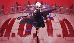  absurdres arm_at_side bare_shoulders black_dress blue_eyes blue_hair blue_nails blue_ribbon boots breasts copyright_name dress earrings feather_hair_ornament feathers female fence floating_hair full_body gradient_hair hair_between_eyes hair_ornament highres highschool_of_the_dead holding holding_microphone jewelry long_hair microphone multicolored_hair red_pupils red_theme ribbon skyline solo standing streaked_hair thigh_strap tsumeki vesperbell virtual_youtuber yomi_(vesperbell) 