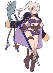  bikini black_coat boots breasts brown_eyes coat do_m_kaeru female fire_emblem fire_emblem_awakening fire_emblem_heroes fish full_body gloves holding holding_polearm holding_trident holding_weapon leather leather_belt leather_boots leather_gloves long_coat looking_to_the_side medium_breasts official_alternate_costume polearm purple_bikini robin_(female)_(fire_emblem) robin_(female)_(summer)_(fire_emblem) robin_(fire_emblem) solo swimsuit trident twintails weapon white_background 