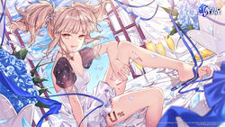  alternate_costume azur_lane barefoot black_sleeves blue_flower blue_ribbon body_writing bouquet breasts champagne_flute character_name cleavage cross cross_necklace cup dress drinking_glass feet female flower hanagata highres jewelry light_brown_hair looking_at_viewer necklace petals puffy_short_sleeves puffy_sleeves ribbon see-through see-through_sleeves short_sleeves small_breasts solo twintails u-96_(azur_lane) white_dress wine_glass yellow_eyes 