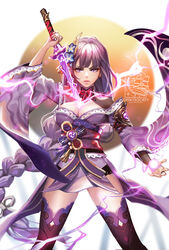  alice_jing arm_up armor artist_name blue_flower braid breasts bridal_gauntlets cleavage closed_mouth coattails commentary drawing_sword electricity english_commentary female flower genshin_impact hair_flower hair_ornament highres holding holding_sword holding_weapon human_scabbard japanese_clothes katana kimono large_breasts light_particles long_hair long_sleeves looking_at_viewer mitsudomoe_(shape) mole mole_under_eye musou_isshin_(genshin_impact) obi obiage obijime purple_eyes purple_hair raiden_shogun ribbon sash shoulder_armor simple_background solo sword tassel thighhighs tomoe_(symbol) weapon white_background wide_sleeves 