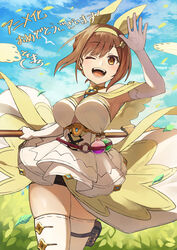  animal_ears atelier_(series) atelier_ryza atelier_ryza_1 blush breasts brown_eyes brown_hair cleavage commentary_request fake_animal_ears female gloves hair_ornament hairclip highres jewelry large_breasts looking_at_viewer official_alternate_costume official_alternate_hairstyle official_art open_mouth rabbit_ears reisalin_stout short_hair smile solo thighhighs thighs tokumaro 