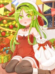  absurdres black_thighhighs blush boots box breasts brown_footwear christmas christmas_tree collarbone crescent crescent_hair_ornament elbow_gloves female gift gift_box gloves green_eyes green_hair hair_ornament hat highres kantai_collection long_hair nagatsuki_(kancolle) open_mouth red_gloves sack santa_costume santa_hat small_breasts solo suzushiro_(gripen39) thighhighs window 