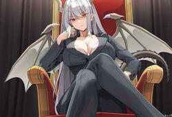  artist_name black_curtains black_suit blue_eyes bra bra_peek breasts bursting_breasts business_suit button_gap cleavage commission commissioner_upload crossed_legs curtains dragon_girl dragon_horns dragon_tail dragon_wings female formal glaring grey_horns grey_tail grey_wings hand_on_own_cheek hand_on_own_face hand_rest heterochromia highres horns keenh lace lace-trimmed_bra lace_trim large_breasts long_hair looking_at_viewer office_lady on_chair original shaded_face sidelocks signature sitting slit_pupils slouching solo spiked_wings suit swept_bangs tail throne underwear white_bra white_hair wings yellow_eyes 