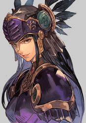  armor black_hair breastplate evil_smile feathers female from_side helmet hrist_valkyrie hungry_clicker lips long_hair red_eyes smile solo upper_body valkyrie_profile_(series) 