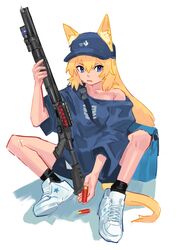  animal_ears baseball_cap bike_shorts black_socks blue_eyes collarbone fangs female girls&#039;_frontline gun hat highres holding holding_gun holding_weapon loose_clothes loose_shirt m500_(daydreaming_in_class)_(girls&#039;_frontline) m500_(girls&#039;_frontline) mossberg_500 official_alternate_costume pump_action qyuandee3 shirt shoes shotgun shotgun_shell sneakers socks solo tail weapon white_background 