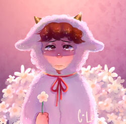  2020 bodily_fluids brown_eyes brown_hair c-lel crying digital_drawing_(artwork) digital_media_(artwork) fairy_tales flower frown glistening glistening_hair goat_costume hair holding_flower holding_object horn human human_only lolicon looking_at_viewer male mammal my_little_goat natsuki_(my_little_goat) not_furry plant sad solo tears the_wolf_and_the_seven_little_goats white_body white_skin young 