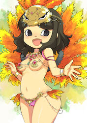  :d absurdres animal_crossing bare_shoulders black_eyes breasts brown_hair cowboy_shot eyelashes feathers female headdress highres jewelry legs_together looking_to_the_side medium_breasts muramasa_mikado murana_(muramasa_mikado) necklace open_mouth panties pave_(animal_crossing) pink_gemstone pink_panties revealing_clothes samba short_hair smile solo standing thighs underwear villager_(animal_crossing) wristlet 