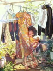  :d ^_^ absurdres black_socks black_sweater blurry blurry_background box brown_footwear brown_hair brown_skirt buchi_(qooo003) closed_eyes clothes clothes_hanger clothes_pin commentary depth_of_field dress facing_viewer female flip-flops floral_print flower hair_bobbles hair_ornament highres laundry laundry_pole leaning_to_the_side lolicon long_sleeves one_side_up open_mouth orange_dress original outdoors plaid plaid_skirt plant planter potted_plant print_dress red_socks revision sandals shirt short_sleeves skirt smile socks solo standing sweater unworn_dress unworn_shirt unworn_skirt unworn_socks unworn_sweater white_shirt yellow_flower 