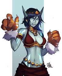  animal_hands bikini black_hair blue_skin breasts brown_bikini closed_mouth colored_skin distr druid_(warcraft) facial_mark female fewer_digits highres jewelry large_breasts long_hair looking_at_viewer navel necklace paw_pose solo swimsuit troll_(warcraft) tusks warcraft world_of_warcraft 