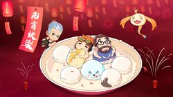  5boys artist_request bernard_(gyee) blue_eyes blush brown_hair chang_(gyee) chibi chinese_new_year closed_eyes eating fireworks food food_request foodification glasses gloves goggles green_eyes grey_hair gyee happy_new_year highres lantern light_(gyee) logo miles_(gyee) multiple_boys new_year official_art orange_hair plate smile smirk tank_top thick_eyebrows turing_(gyee) vundo_(gyee) yang_(gyee) 