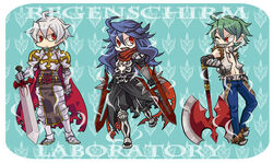  3boys ahoge armor armored_boots assassin_cross_(ragnarok_online) axe bare_pectorals belt bio_lab black_cape black_gloves black_pants black_shirt blue_hair blue_pants boots border breastplate brown_belt brown_footwear cape chainmail chibi closed_mouth commentary_request cross dagger emblem eremes_guile fingerless_gloves full_body fur-trimmed_pants fur-trimmed_shirt fur_trim gauntlets gloves greatsword green_hair holding holding_axe holding_sword holding_weapon howard_alt-eisen jamadhar knife leg_armor long_hair looking_at_another looking_to_the_side lord_knight_(ragnarok_online) male_focus multiple_boys one_eye_closed open_clothes open_mouth open_shirt pants pauldrons pectorals piercing piyomaru029 ragnarok_online red_cape red_eyes red_scarf scarf seyren_windsor shirt short_hair shoulder_armor skull spiked_gauntlets standing suspenders sword teeth torn_cape torn_clothes torn_scarf waist_cape weapon white_border white_hair white_shirt whitesmith_(ragnarok_online) 