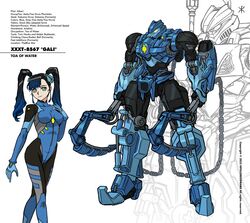  2022 absurdres apoloniodraws artist_name assault_visor bionicle black_bodysuit black_hair blue_bodysuit blue_gloves blue_ribbon bodysuit breasts chains character_name dual_wielding female gali_(bionicle) gloves glowing glowing_eye gradient_hair green_eyes hair_behind_ear hair_ribbon hand_on_own_shoulder head_tilt highres holding holding_weapon long_hair looking_at_viewer mecha mechanization medium_breasts multicolored_bodysuit multicolored_clothes multicolored_hair open_hand original pilot_suit ribbon robot smile the_lego_group twintails walking weapon yellow_eyes 