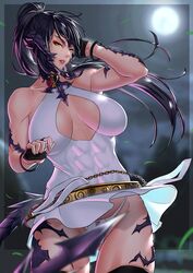  abs absurdres anima_(togashi) au_ra black_hair breast_cutout breasts dragon_horns dragon_tail dress female final_fantasy final_fantasy_xiv highres horns large_breasts moon night night_sky ponytail sapphira_nyx scales sky solo tail thong upskirt warrior_of_light_(ff14) white_dress wind wind_lift yellow_eyes 