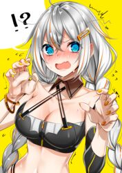  !? @_@ ahoge bikini black_bikini blue_eyes bracelet braid breasts cleavage collarbone commentary_request crossed_bangs detached_collar female grey_hair hair_between_eyes highres jewelry kizuna_akari large_breasts long_hair multicolored_hair open_mouth orange_nails solo streaked_hair sweat swimsuit twin_braids two-tone_hair upper_body voiceroid yodare_(3yami8) 