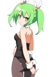  ass back black_leotard black_pantyhose breasts commentary_request cowboy_shot detached_collar fake_tail female from_behind gj-bu green_eyes green_hair hair_bobbles hair_ornament hair_ribbon hatakenaka_(kamagabuchi) highres kannazuki_tamaki leotard looking_at_viewer looking_back medium_hair pantyhose parted_lips playboy_bunny rabbit_tail ribbon simple_background small_breasts solo standing strapless strapless_leotard tail white_background white_ribbon wrist_cuffs 