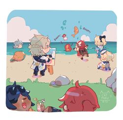  3girls 4boys albedo_(genshin_impact) barbara_(genshin_impact) barbara_(summertime_sparkle)_(genshin_impact) beach black_legwear blonde_hair bow braid cabbie_hat canvas_(object) chibi conch diluc_(genshin_impact) easel explosion eyepatch eyewear_on_head fish genshin_impact grey_hair hair_ribbon hairbow hat horizon in_water jean_(genshin_impact) jean_(sea_breeze_dandelion)_(genshin_impact) jumpy_dumpty kaeya_(genshin_impact) klee_(genshin_impact) low_twintails multiple_boys multiple_girls ocean official_alternate_costume outdoors painting_(action) paku_(cheebpaku) pointy_ears ponytail razor_(genshin_impact) red_hair ribbon single_braid sunglasses sweatdrop twintails vision_(genshin_impact) 