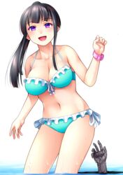  :d bare_shoulders bikini black_hair blue_bikini breasts collarbone cowboy_shot female frilled_bikini frills hand_up hands highres kirishima_kyouko_(sore_wa_rei_no_shiwaza_desu) large_breasts long_hair looking_at_viewer navel noise_(tsuzuki) official_art open_mouth ponytail purple_eyes side-tie_bikini_bottom sidelocks simple_background smile solo_focus sore_wa_rei_no_shiwaza_desu swimsuit third-party_source wading water white_background 