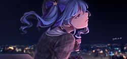  absurdres akubi_darake beret black_choker blue_eyes blue_hair blue_nails choker commentary_request female fingernails gloves hat highres hololive hoshimachi_suisei hoshimachi_suisei_(1st_costume) jacket long_hair nail_polish night night_sky partially_fingerless_gloves plaid plaid_jacket skirt sky solo virtual_youtuber 