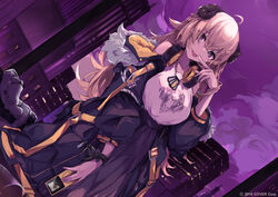  ahoge animal_ears bare_shoulders blonde_hair braid breasts coat digital_media_player dog_tags dutch_angle female finger_to_mouth fur_trim half_updo headphones highres hololive horns large_breasts long_hair looking_at_viewer official_art open_mouth overcoat purple_eyes sheep_ears sheep_girl skyline smile solo tongue tongue_out torn_clothes tsumeki tsunomaki_watame virtual_youtuber 