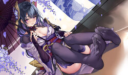  absurdres blush breasts commentary_request feet female flower foot_focus full_body genshin_impact hair_ornament highres japanese_clothes kikimi kimono large_breasts long_hair long_sleeves nail_polish no_shoes parted_lips partial_commentary petals purple_eyes purple_hair purple_kimono purple_nails purple_thighhighs raiden_shogun see-through see-through_legwear sitting smile soles solo thighhighs thighs toes wide_sleeves 