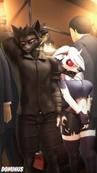  3d_(artwork) 4k 9:16 absurd_res akuma_(domibun) anthro arm_tuft arm_wraps big_breasts black_body black_bottomwear black_clothing black_collar black_fur black_hair black_legwear black_nose black_shirt black_shorts black_thigh_highs black_topwear bottomwear breasts canid canine clothing collar digital_media_(artwork) domibun duo female fingerless_gloves fox fur gloves grey_clothing grey_suit grey_topwear hair handwear harness helluva_boss hi_res human inner_ear_fluff larger_male legwear loona_(aeridiccore) loona_(helluva_boss) male mammal navel occult_symbol pentagram pentagram_harness public_transportation red_sclera shirt shorts shoulder_tuft size_difference smaller_female source_filmmaker_(artwork) spiked_collar spikes standing suit symbol thigh_highs topwear tuft warfare_machine white_body white_eyes white_fur white_hair wraps 