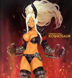  abs animal_ears armband bad_id bad_pixiv_id big_hair black_footwear black_panties boku_no_hero_academia boots breasts clawed_gauntlets cleavage constricted_pupils cosplay cowboy_shot crazy_grin cropped_jacket dark-skinned_female dark_skin female helltaker inverted_pentagram jacket judgement_(helltaker) judgement_(helltaker)_(cosplay) koshio large_breasts long_hair mirko navel panties patreon_username rabbit_ears rabbit_girl red_eyes red_jacket solo strapless thick_thighs thigh_boots thigh_strap thighhighs thighs tonfa underwear very_long_hair watermark weapon web_address white_hair 